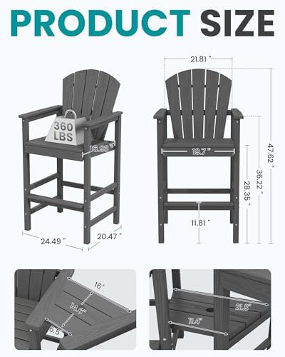 SERWALL Tall Adirondack Chairs Set of 2, HDPE Bar Height Outdoor Chairs