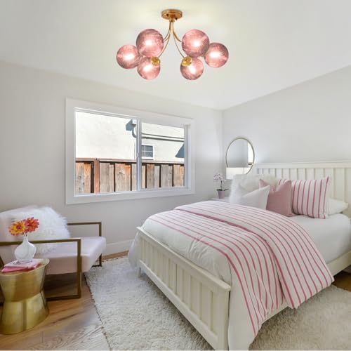 6-Light Pink Chandelier, Glass Globes Flush Mount Ceiling Light