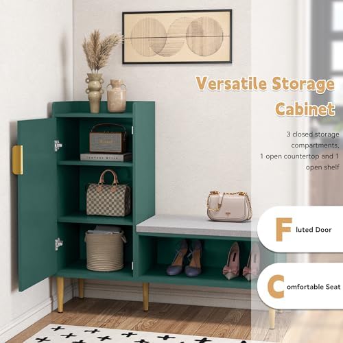 Storage Bench with Fluted Door&Shelf, L-Shaped Entryway Bench