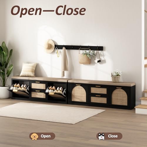 Rattan Narrow Entryway Bench with Shoe Storage, 4 Drawers & Coat Rack, Mi...