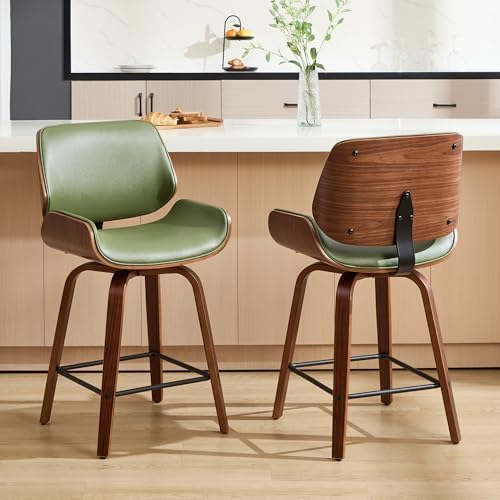 Swivel Bar Stools Set of 2,24" Upholstered Faux Leather Barstools,Mid Ce...