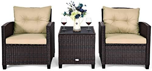 Tangkula 3 Pieces Patio Furniture Set, PE Rattan Wicker 3 Pcs Outdoor Sofa Se...