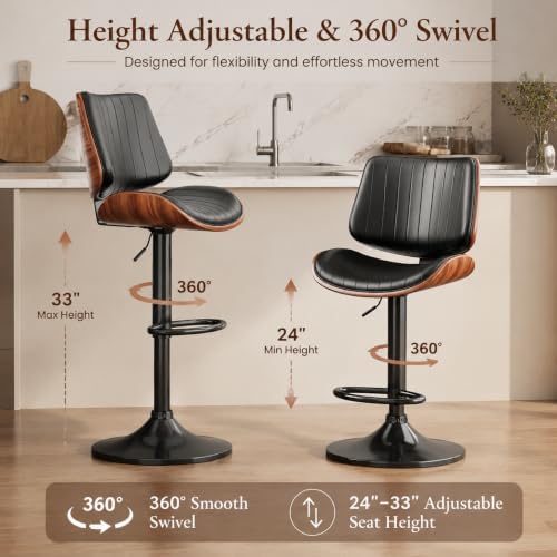 Swivel Bar Stools 2PCS, Adjustable Bentwood Barstools for Kitchen Counter