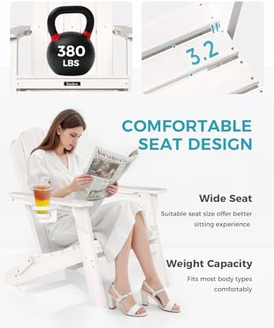 Folding Adirondack Chair, All-Weather HDPE Patio Chair with 2 Cup Holders