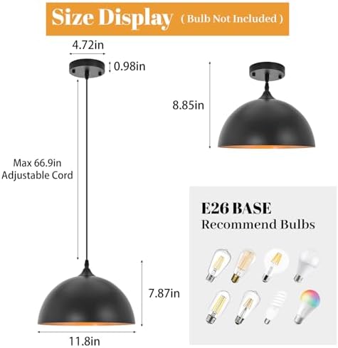 Industrial Pendant Light Fixtures,11.8" Black Dome Pendant Lights,Adjust...