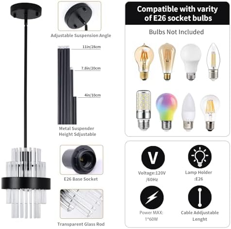 Pendant Light Fixtures, 7inch Modern Glass Pendant Lights, Matte Black Kitche...