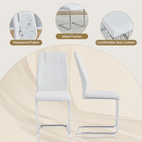 55‘’ White Dining Table Set for 6, Dining Tabletop and Silver Metal Frame, Re...