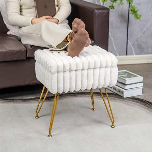 xuperbonus Faux Fur White Vanity Stool Chair with Storage Ottoman, Vanity Cha...
