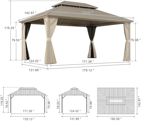 PURPLE LEAF Patio Gazebo 12' x 16' Champagne Galvanized Steel Double ...