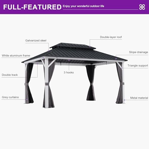 PURPLE LEAF Hardtop Gazebo 10' x 14' Pavilion White Frame
