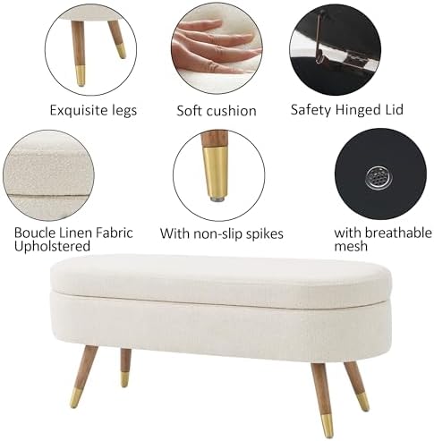 IAFIKE Oval Storage Bench 43.5" Ottoman Bench Upholstered Boucle Fabric ...