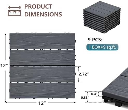 9 Pack Deck Tiles, 12''X 12'' Interlocking Deck Tiles All Wea...