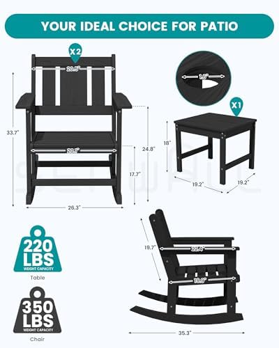 SERWALL 3-Piece Patio Furniture Set with 2 Rocking Chairs & Table, Black