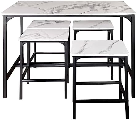 T-VALY 5-Piece Bar Table Set with 4 Stools, Black&White