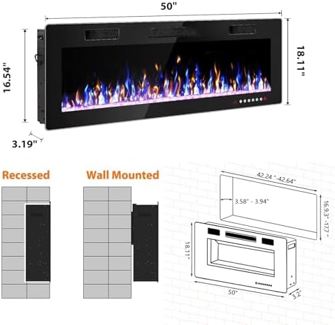 50 Inch Electric Fireplace, Ultra Thin Fire Places Electric Fireplace Inserts...