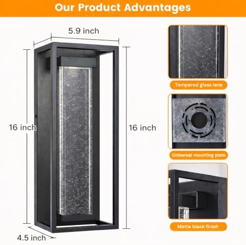 16 Inch Modern Outdoor Wall Sconce, Matte Black Waterproof Exterior Wall Ligh...