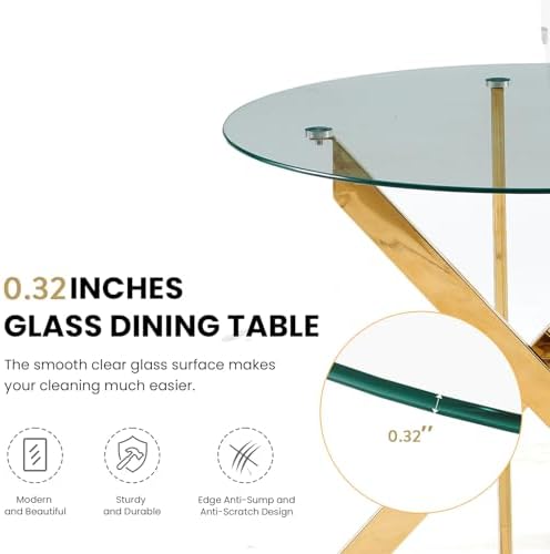 Henf 5 Piece Dining Table Set for 4, Glass Round Dining Table with 4 Black Fa...