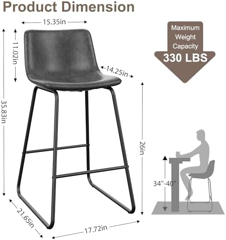 REONEY Bar Stools Set of 3, 26" Urban Faux Leather Counter Stools, Grey