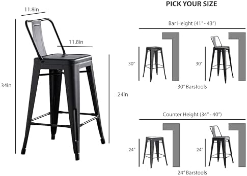 AC Pacific 24” Metal Barstool Set of 2 – Country Rustic Style with Low Back, ...