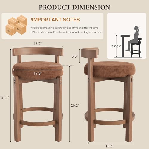 Bar Stools Set of 2, 26" Upholstered Counter Height Bar Chairs, Mid Cent...