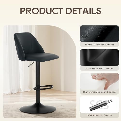 COLAMY Bar Stools Set of 4, Modern Swivel Bar Chairs, Adjustable PU Leather U...