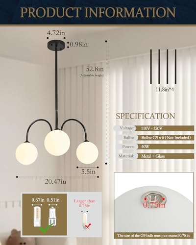 Modern Black Chandelier, 3 Light Mid Century Sputnik Chandeliers, Dining Room...