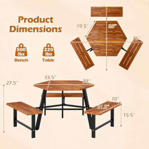 GIANTEX Picnic Table Bench Set for 6, Acacia Wood Outdoor Dining Table Set wi...