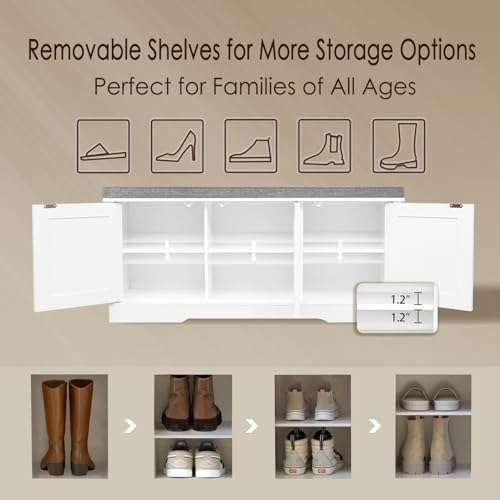 DINZI LVJ Shoe Storage Bench with Cushion, Door, White 39.4" LX17.7 H