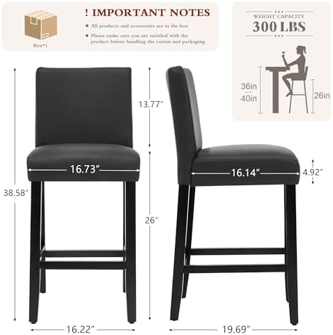 Bar Stools Set of 3, 26'' Counter Height Bar Stools, Black