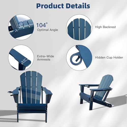 Domi Outdoor Adirondack Chair Set of 2 with Cup Holder, HDPE, Navy Blue