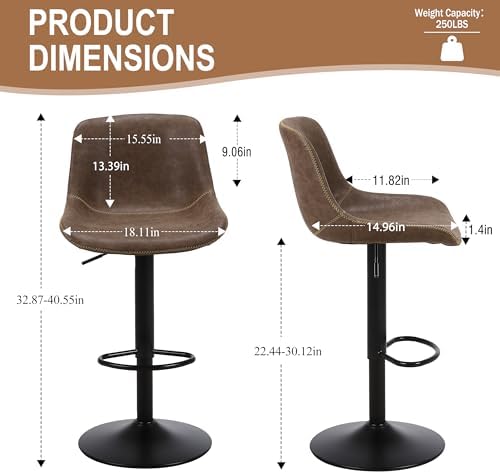 Swivel Bar Stools Set 2, Adjustable Height Suede-Like Leather Brown