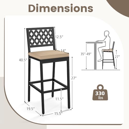 COSTWAY Outdoor Bar Chairs Set of 2 with Heavy-Duty Metal Frame and Cushion