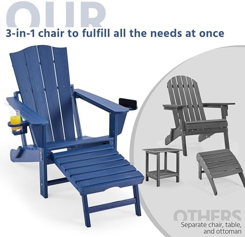 Yaheetech Adirondack Chairs 1pcs Outdoor Folding Set with Ottoman,Navy Blue