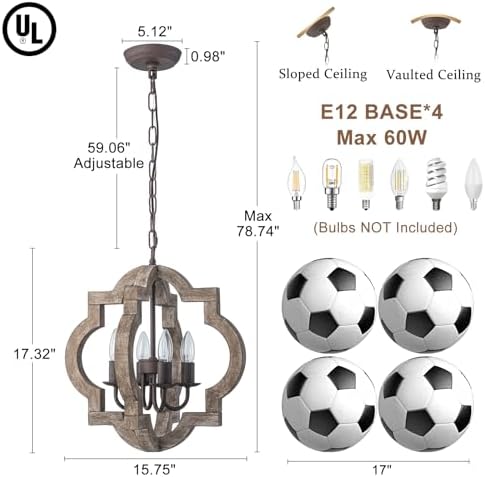 16" Farmhouse Chandelier Orb Distressed Wood Oak Dining Room Light Fixture