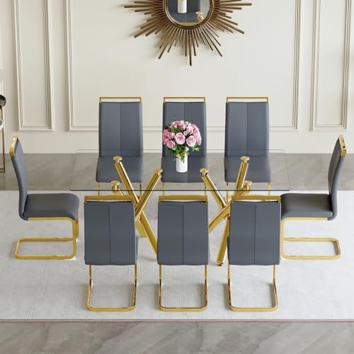 AZmac Modern Dining Table Set for 8 with Gold Metal Frame, 9-Piece Glass Dini...