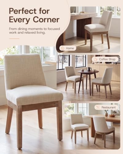 HNY Beige Linen Fabric Dining Chairs Set of 2 with Comfortable Back Support