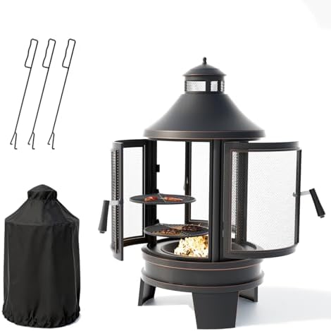 Gotland 2 in 1 Metal Chimenea with Grill, Outdoor Fire Pit with Adjustable Gr...