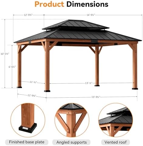 Modern Shade Wood Gazebo 13x15 with Double Galvanized Steel Roof