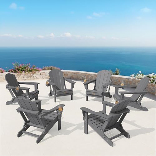 SERWALL Folding Adirondack Chair with Cup Holder Set of 2, Fire Pit - Gray