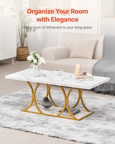 VEVOR Coffee Table, Modern Faux Marble Coffee Table, Large 2-Tier Rectangle C...
