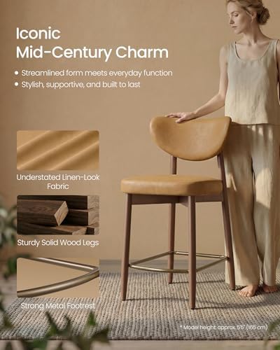 VASAGLE Wooden Bar Stools Set of 2, Synthetic Leather, Caramel Brown