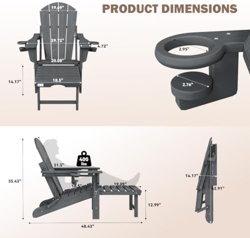 Mdeam HDPE Folding Adirondack Chairs Set of 2, 400 lbs 2 Cup Holders, Grey
