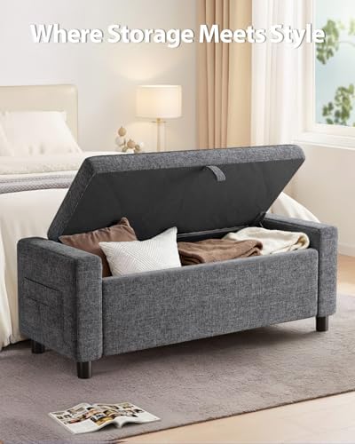 Amada 46" Storage Ottoman Bench, Side Pocket, Safety Hinge, Dark Gray