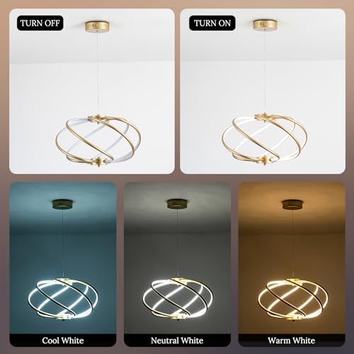 Gold Modern Chandelier with Remote Control, 48W 3-Color Temperature Dimmable ...