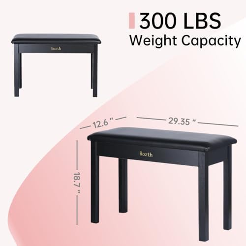Solid Wood Duet Piano Bench with Storage, Piano Stool with Padded Cushion, Ke...