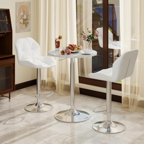 ARTETHYS Bar Table and Chairs Set Swivel Marble Style Table & White Stool