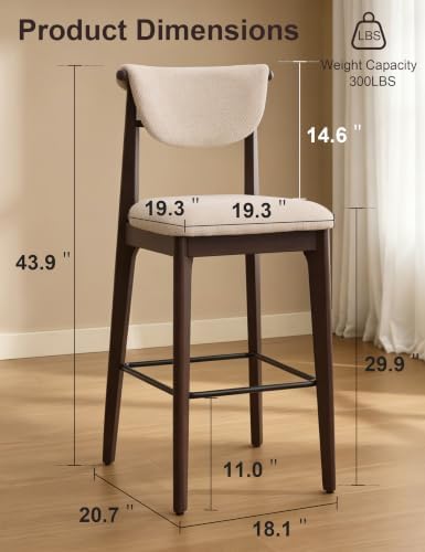 30" Counter Height Bar Stools Set of 2, Solid Wood Legs, Cream White