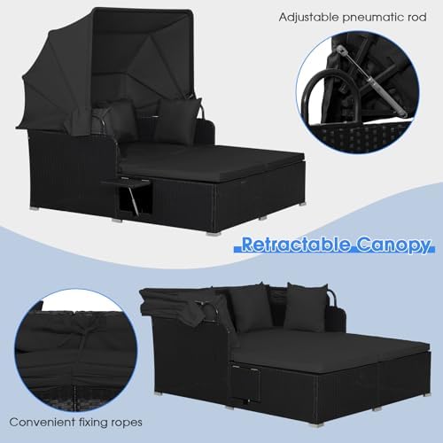 RELAX4LIFE Patio Outdoor Daybed with Canopy, Wicker Sunbed w/Cushions, 4 Pill...
