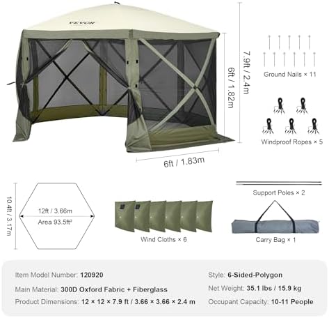 VEVOR 12x12ft Pop Up Gazebo Tent with Mosquito Netting, 6 Removable Wind Pane...