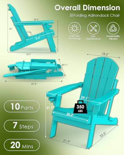 GREENVINES Folding-Adirondack-Chairs Set of 2, HDPE All Weather, Aqua